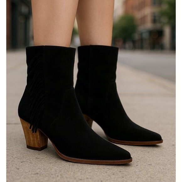 Anthropologie x Bernardo NWT $288 Booties Felix Black Suede Western Size 7.5M - Picture 1 of 8